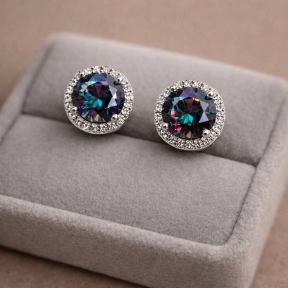 Mystic Topaz CZ Round Halo 925 Silver Butterfly Back Earrings NWT 2.40 TW #472